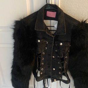 Black Denim Lace Up Fur on the sleeve Jacket